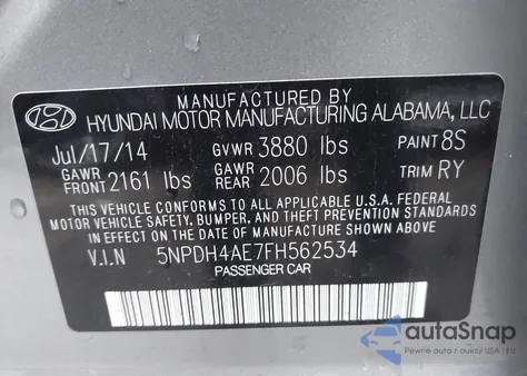 2015 Hyundai Elantra Limited z USA, uszkodzony, nr VIN 5NPDH4AE7FH562534